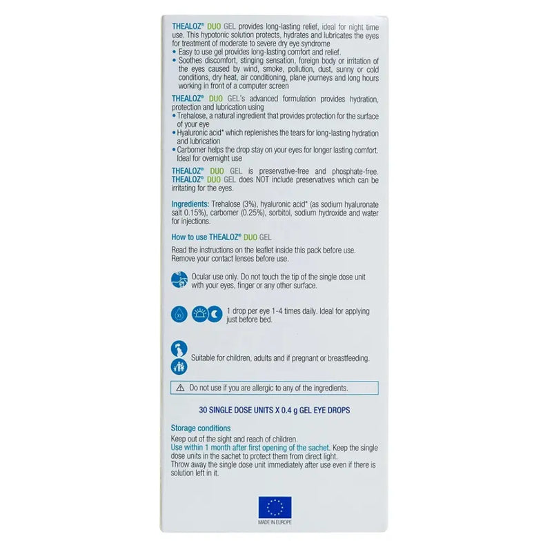 TheaLOR Duo Gel eye drops packaging insert card showing product details, ingredients, usage instructions, and icons on a white background.