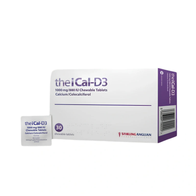 A box of theiCal-D3 1000 mg chewable tablets with a single tablet displayed in front, on a plain white background. The packaging is white with purple text and side panels, and the brand Stirling Anglian is visible on the front.