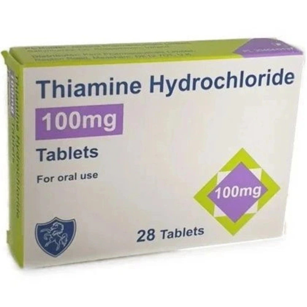 A box of Thiamine Hydrochloride 100mg tablets, containing 28 tablets, shown on a plain white background.