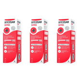 Three boxes of Hycosan Extra soothing relief ointment for sensitive and severe dry eyes, shown side-by-side on a white background.
