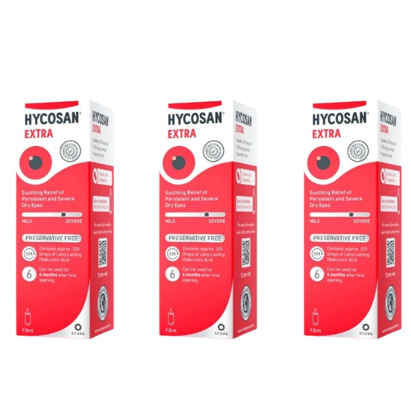 Three boxes of Hycosan Extra soothing relief ointment for sensitive and severe dry eyes, shown side-by-side on a white background.