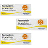 Three identical boxes of Morningside Healthcare Permethrin 5% w/w Cream for Scabies and Crab Lice, arranged vertically on a plain white background.