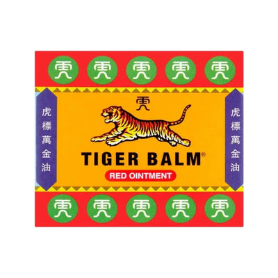 Tiger Balm red ointment packaging with a tiger illustration on a white background
