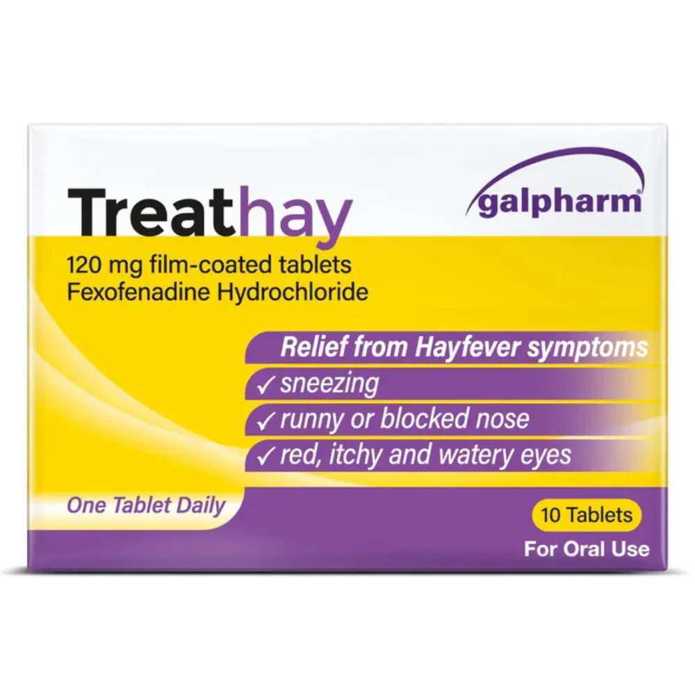 Box of Treathay fexofenadine hydrochloride 10 tablets for hay fever symptoms with Galpharm branding.