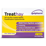 Box of Treathay fexofenadine hydrochloride 10 tablets for hay fever symptoms with Galpharm branding.