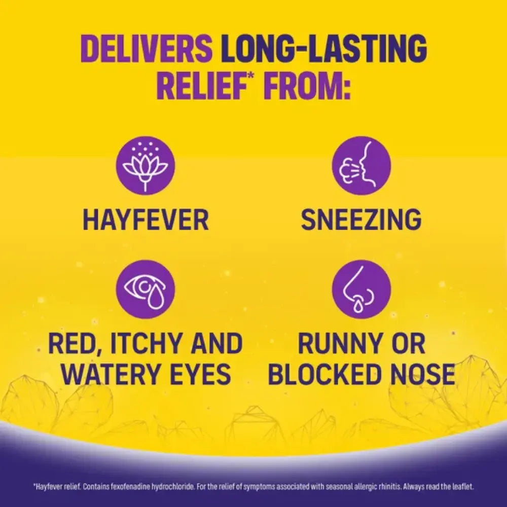 Yellow background with purple icons and text about hayfever relief symptoms and relief from sneezing, red itchy and watery eyes, and runny or blocked nose.