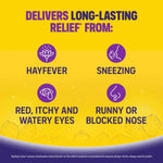 Yellow background with purple icons and text about hayfever relief symptoms and relief from sneezing, red itchy and watery eyes, and runny or blocked nose.