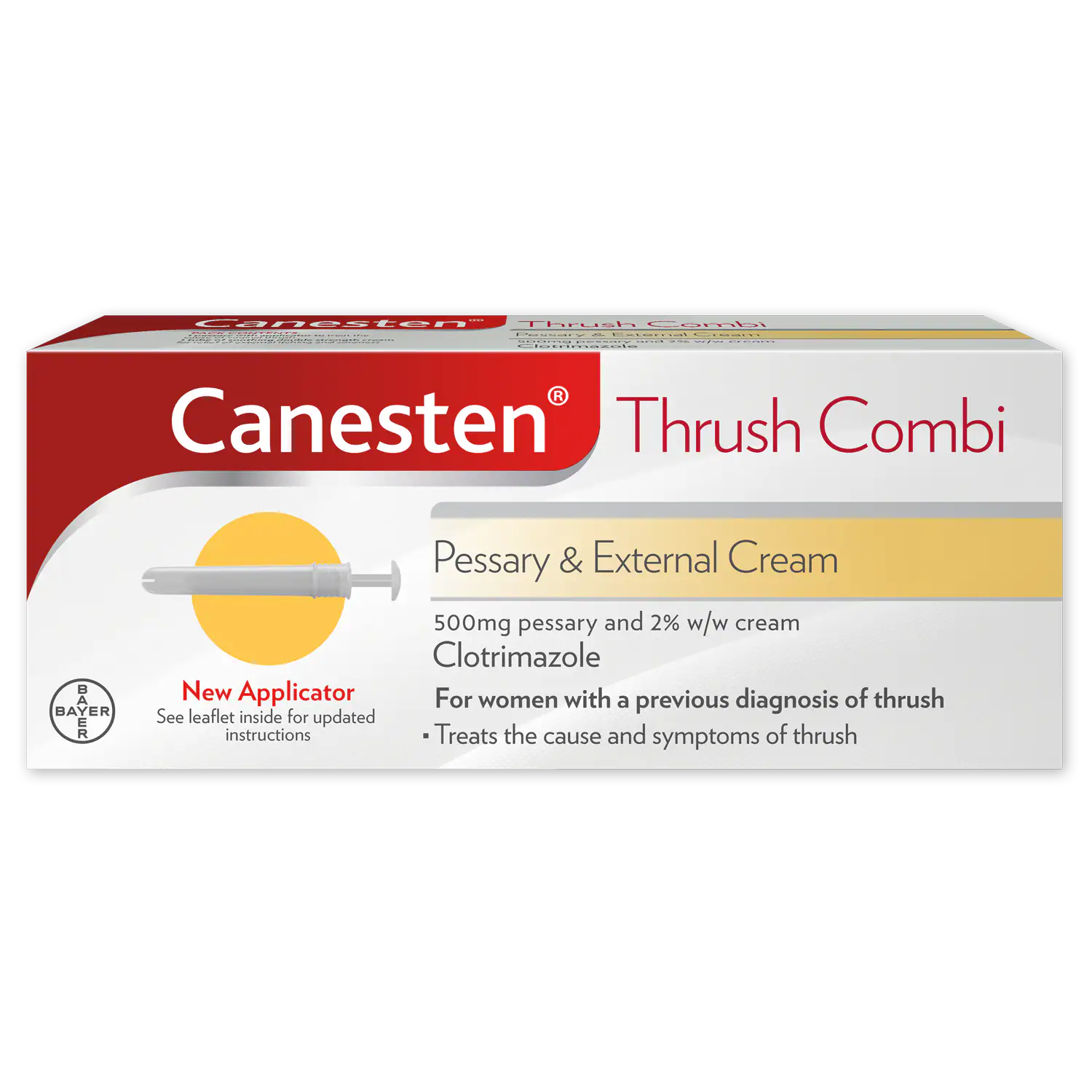 Canesten Thrush Combi pack with details on treating the cause and symptoms of thrush.