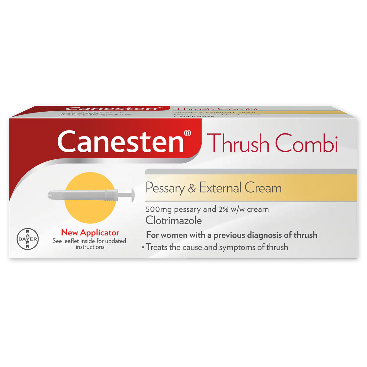 Canesten Thrush Combi pack with details on treating the cause and symptoms of thrush.