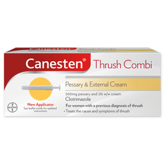 Canesten Thrush Combi pack with details on treating the cause and symptoms of thrush.