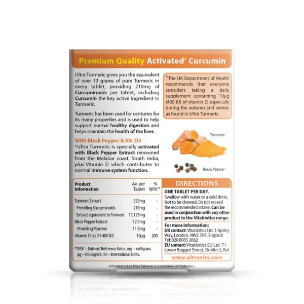Vitabiotics Ultra Turmeric back pack showing ingredients, benefits, and usage instructions.