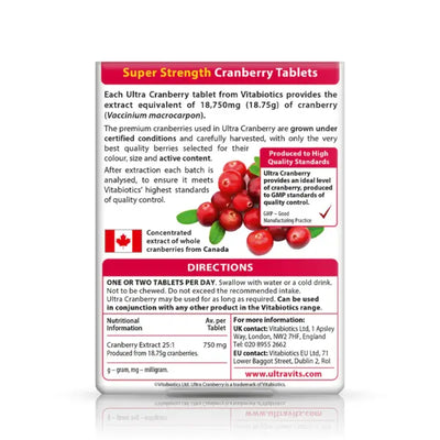 Ultra Cranberry supplement facts and usage instructions.