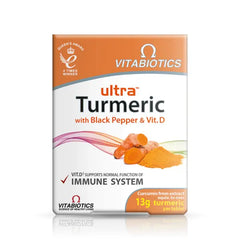 Vitabiotics Ultra Turmeric front pack with Black Pepper & Vit. D, 13g turmeric per tablet.