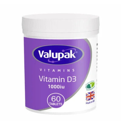 A white plastic bottle of Valupak Vitamin D3 1000iu tablets, featuring a purple label with the brand name 'Valupak' in white text, on a plain white background.