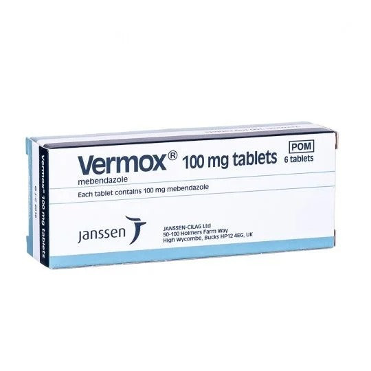 Vermox 100 mg tablets box by Janssen, containing 6 tablets, shown on a plain white background.