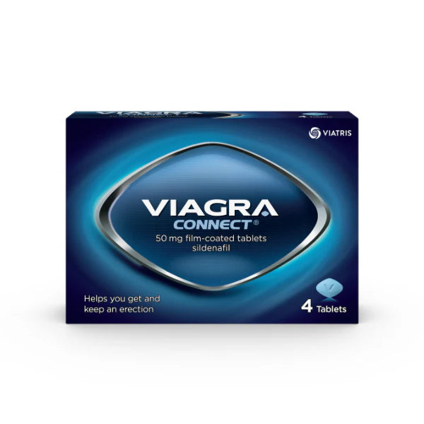 Box of Viagra Connect 50mg 4 Tablets tablets on a white background