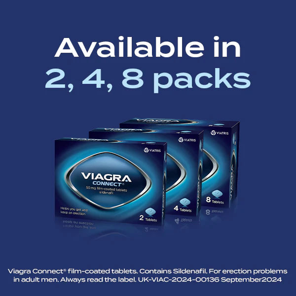 Three boxes of Viagra Connect on a blue background with text indicating pack sizes.