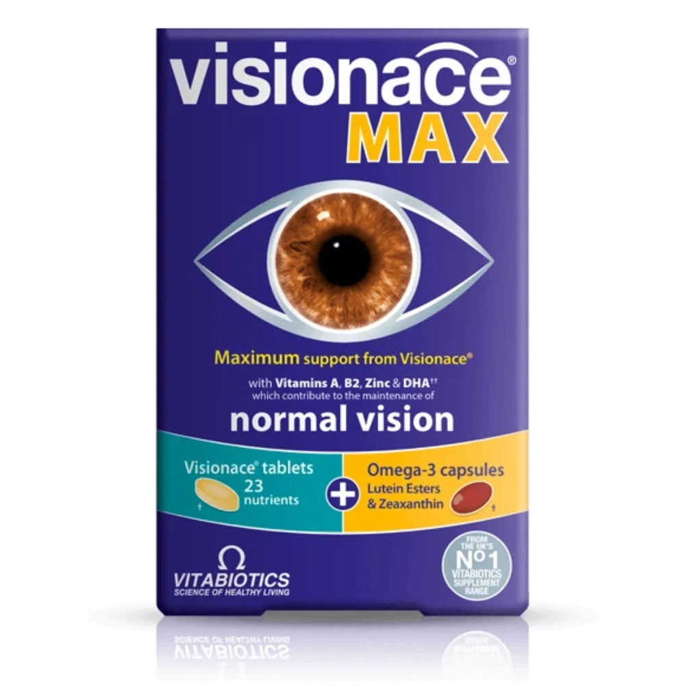 Visionace Max supplement packaging with eye illustration on a white background