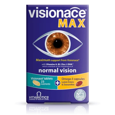 Visionace Max supplement packaging with an eye illustration on a white background