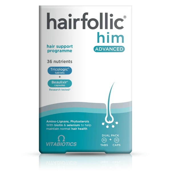 Vitabiotics Hairfollic Him Advanced front view of the box