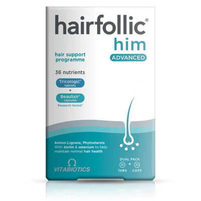 Vitabiotics Hairfollic Him Advanced front view of the box