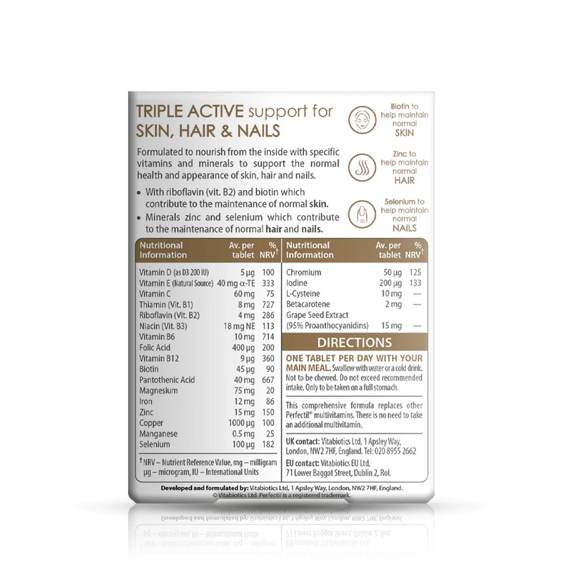 Vitabiotics Perfectil Original 30 Tablets for Hair, Skin and Nails back View