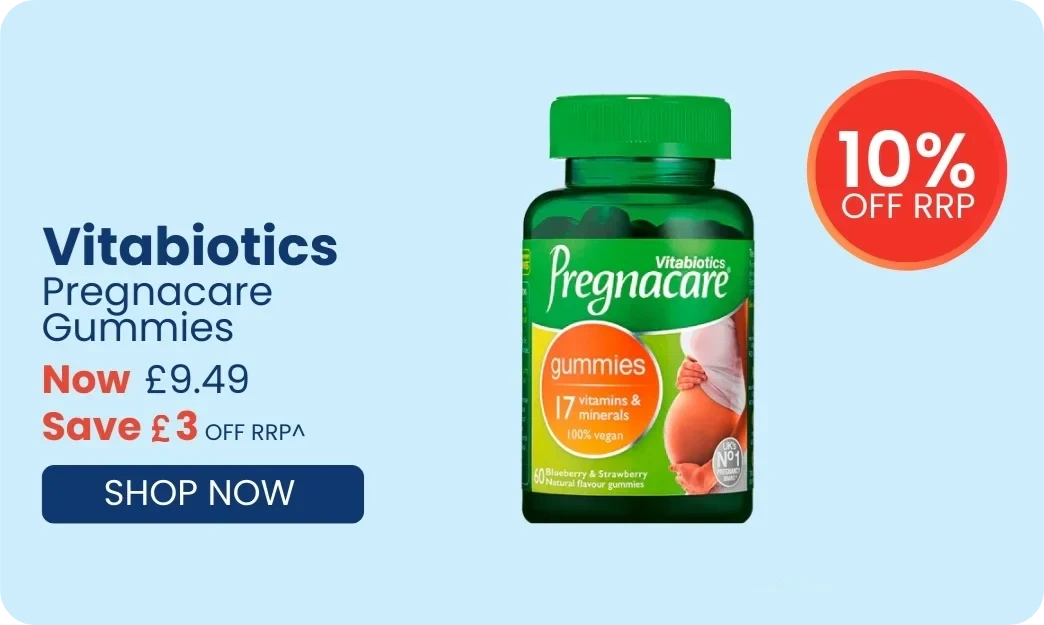 Vitabiotics Pregnacare Gummies bottle with promotional text on a light blue background