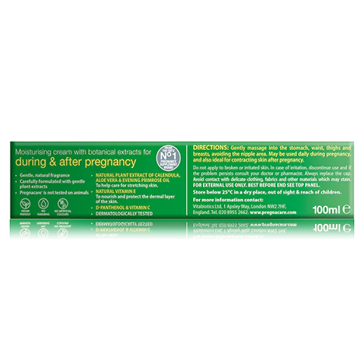 Back side of Pregnacare cream box showing directions, ingredients, and usage info