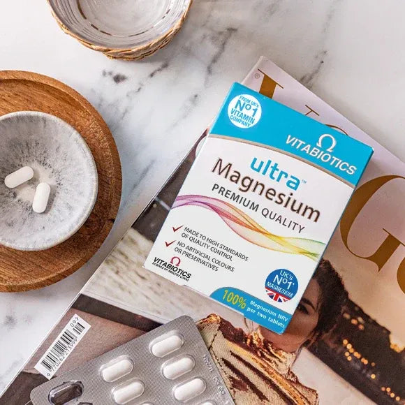 Vitabiotics Ultra Magnesium product image showing tablets bottle with branding and nutritional information.