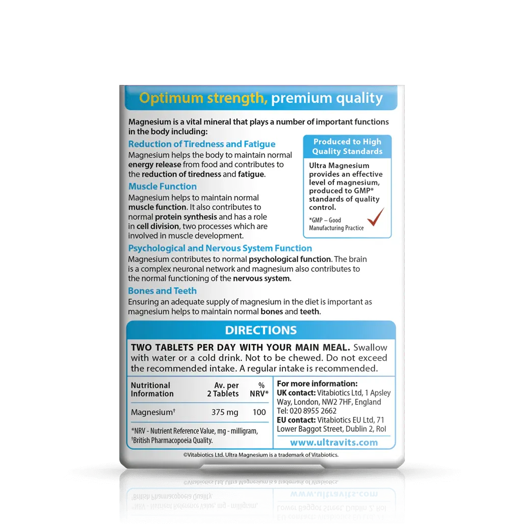 Vitabiotics Ultra Magnesium 60 tablets back label showing supplement facts and usage directions for magnesium intake.