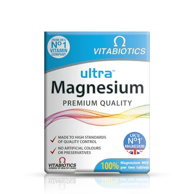Vitabiotics Ultra Magnesium 60 tablets bottle front label, dietary supplement for muscle function and nervous system support.