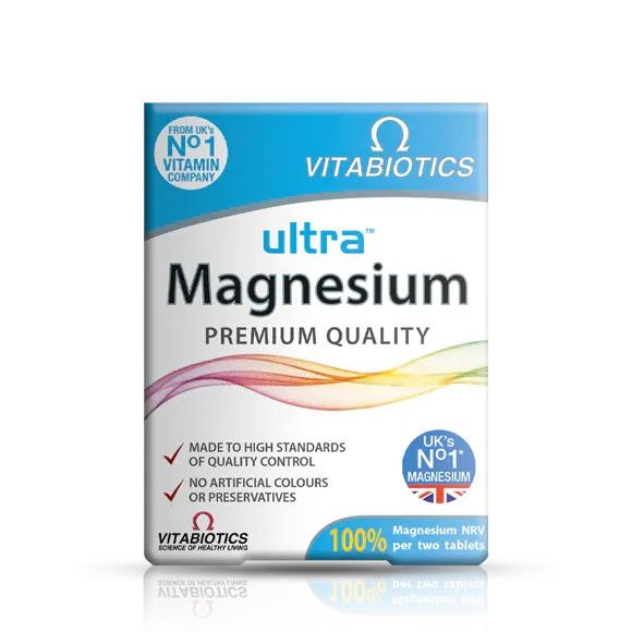 Vitabiotics Ultra Magnesium 60 tablets bottle front label, dietary supplement for muscle function and nervous system support.
