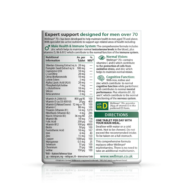 Vitabiotics Wellman 70+ back, showing ingredients and nutritional info for men’s health support.
