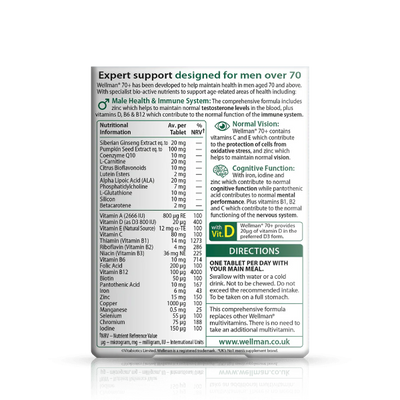 Vitabiotics Wellman 70+ back, showing ingredients and nutritional info for men’s health support.