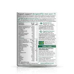 Vitabiotics Wellman 70+ back, showing ingredients and nutritional info for men’s health support.