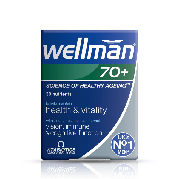 Vitabiotics Wellman 70+ front, multivitamins for men 70+, supporting health, energy, and vitality.
