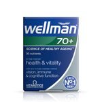 Vitabiotics Wellman 70+ front, multivitamins for men 70+, supporting health, energy, and vitality.