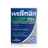 Vitabiotics Wellman 70+ front, multivitamins for men 70+, supporting health, energy, and vitality.