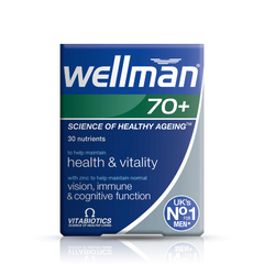 Vitabiotics Wellman 70+ front, multivitamins for men 70+, supporting health, energy, and vitality.
