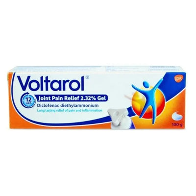 Front of Voltarol Joint Pain Relief Gel 100g tube, used for fast relief of joint pain and inflammation.