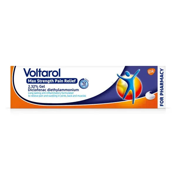 Voltarol max strength pain relief gel packaging on a white background
