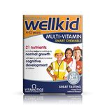 Wellkid multivitamin chewable front label bottle showing children’s daily vitamins for growth and health.