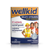 Wellkid multivitamin chewable front label bottle showing children’s daily vitamins for growth and health.