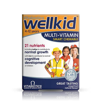 Wellkid multivitamin chewable front label bottle showing children’s daily vitamins for growth and health.