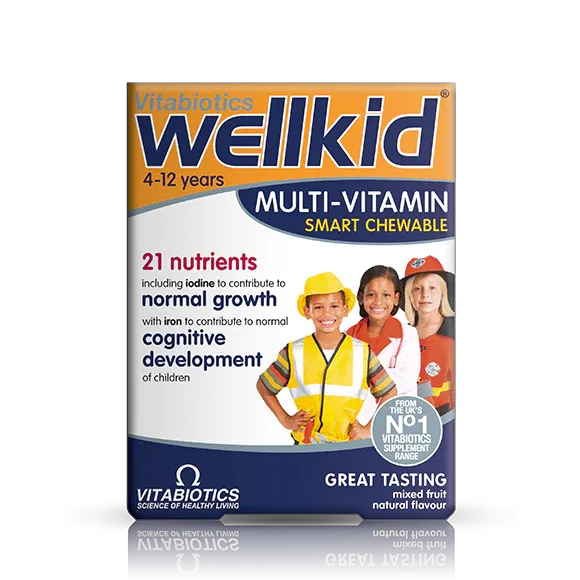 Wellkid multivitamin chewable front label bottle showing children’s daily vitamins for growth and health.