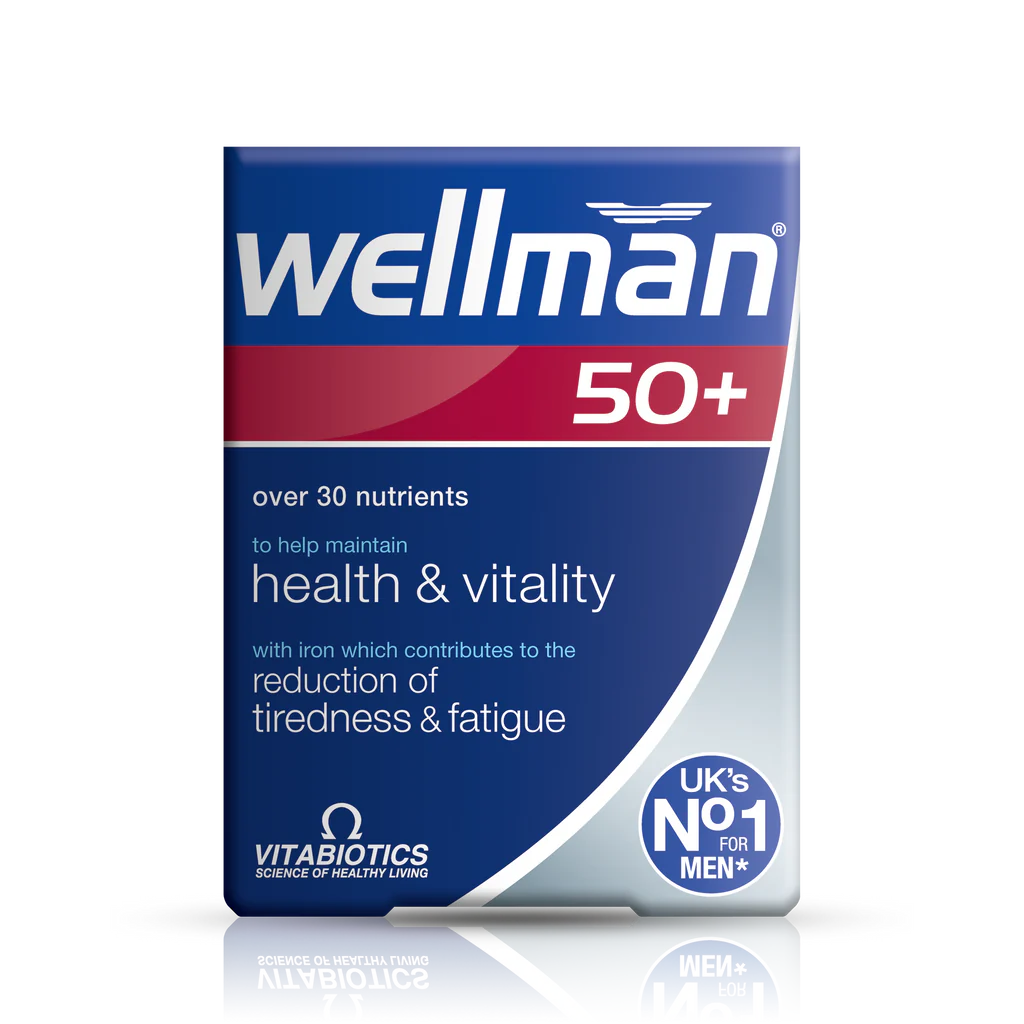 Vitabiotics Wellman 50+ front view, a multivitamin supplement for men over 50, supporting energy, immunity, heart, and overall health with essential nutrients.