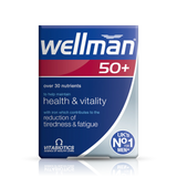Vitabiotics Wellman 50+ front view, a multivitamin supplement for men over 50, supporting energy, immunity, heart, and overall health with essential nutrients.