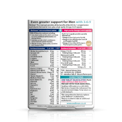 Wellman Plus Omega 3-6-9 56 tablets back view with dosage, ingredients, and usage instructions.