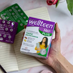 Wellteen Her Plus box with details about mental performance and Omega-3 for teens (13-19).