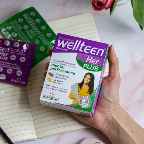 Wellteen Her Plus box with details about mental performance and Omega-3 for teens (13-19).
